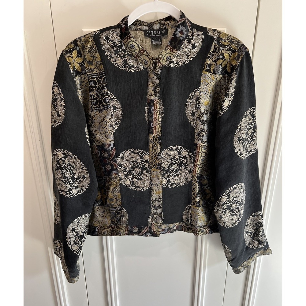 Citron Santa Monica Asian Print Jacket‎ Size Large Black & Gold Silk Blend